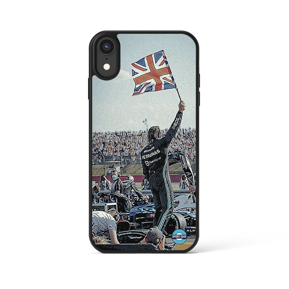 coque de téléphone personnalisable célébration pilote f1 hamilton drapeau